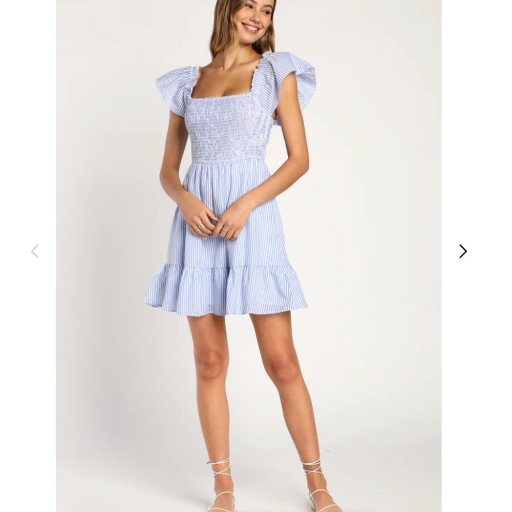 Seer Delight Blue Striped Smocked Ruffled Mini Dress
